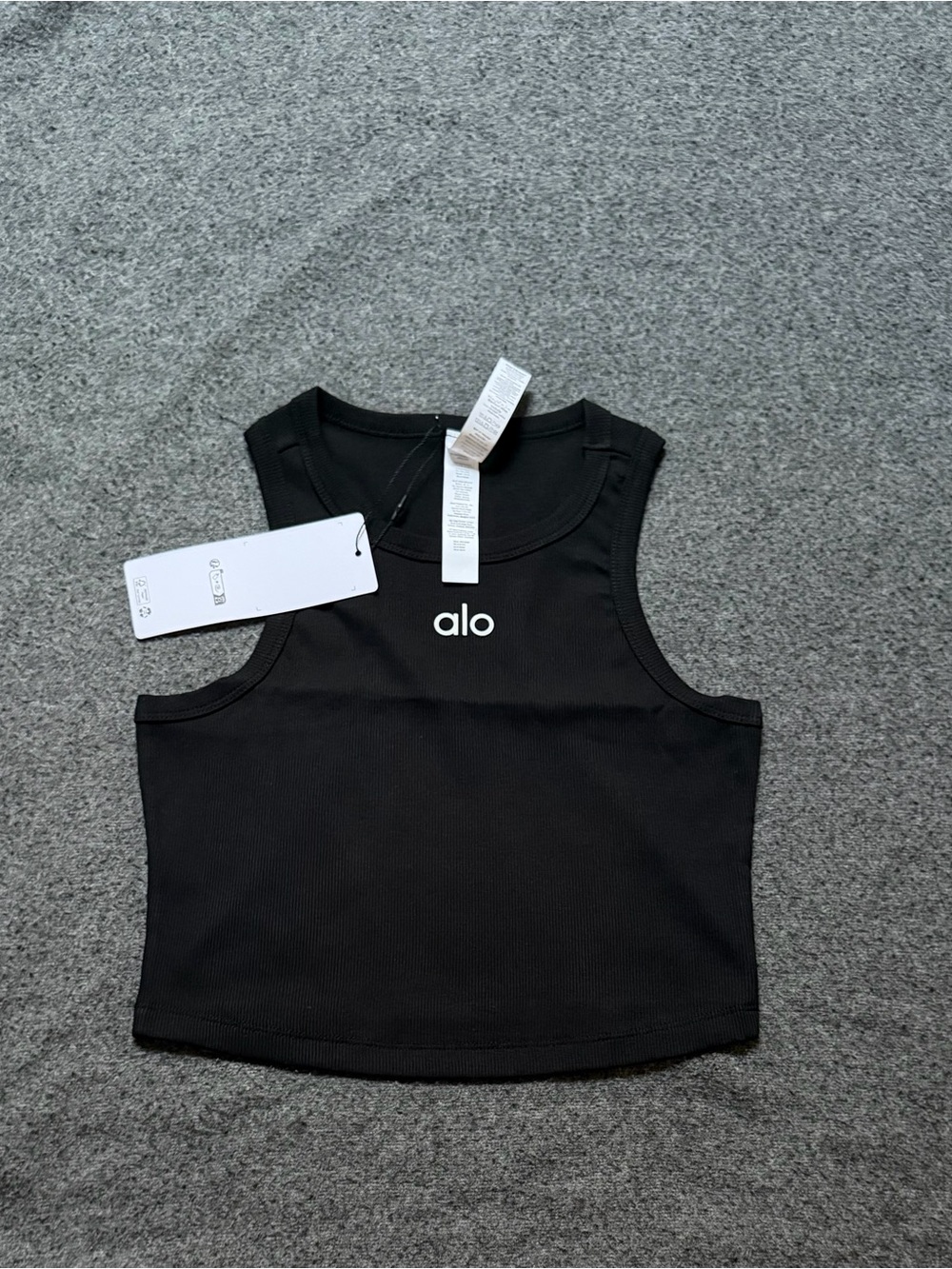 ALO Yoga Black Ribbed Cropped Tank with White Logo